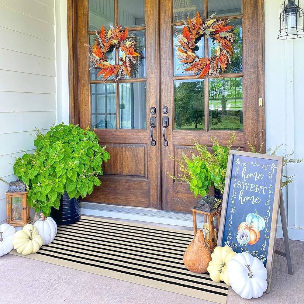KOZYFLY Black and Beige Striped Porch Rug 2x4.3 Ft Washable Outdoor Rug Farmhouse Outdoor Doormat... | Amazon (US)