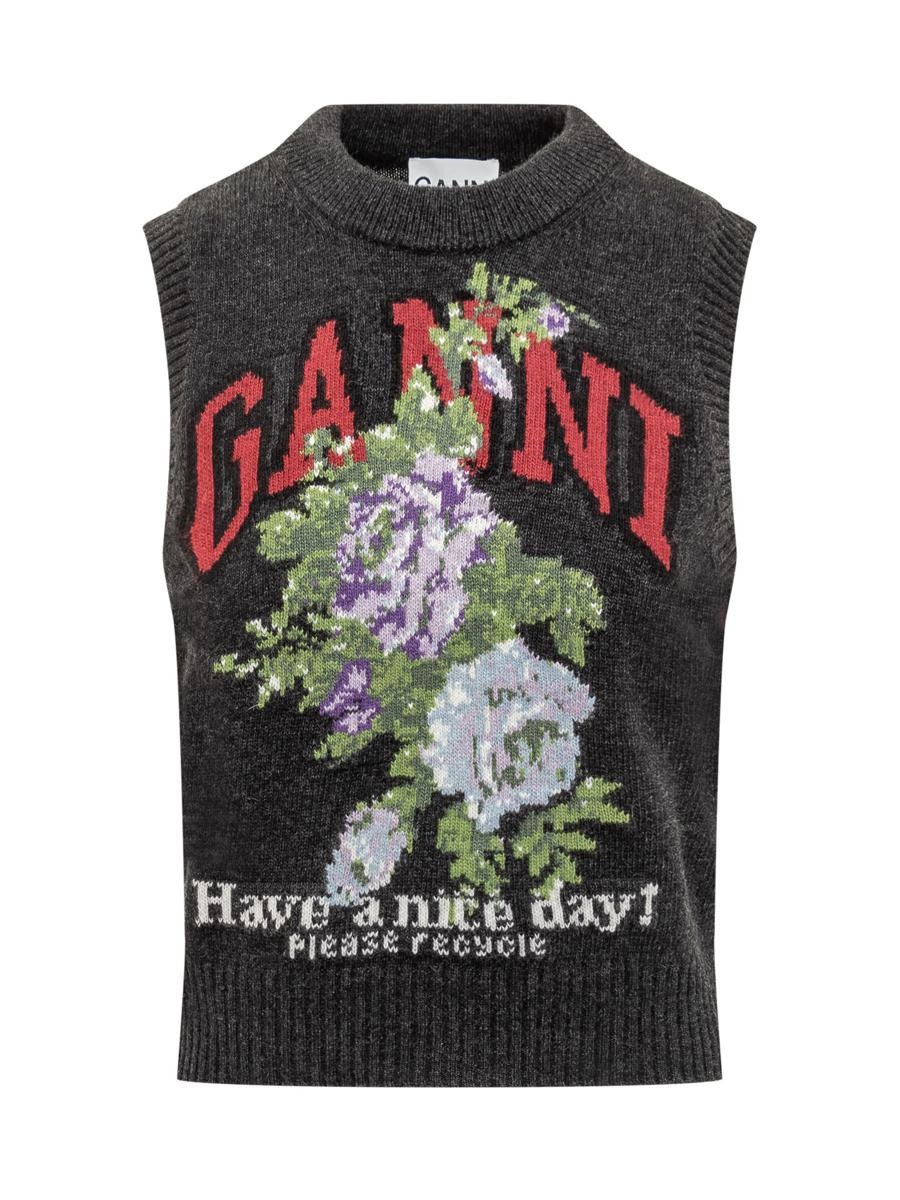 Ganni Ganni Wool Vest With Flowers And Logo | Baltini
