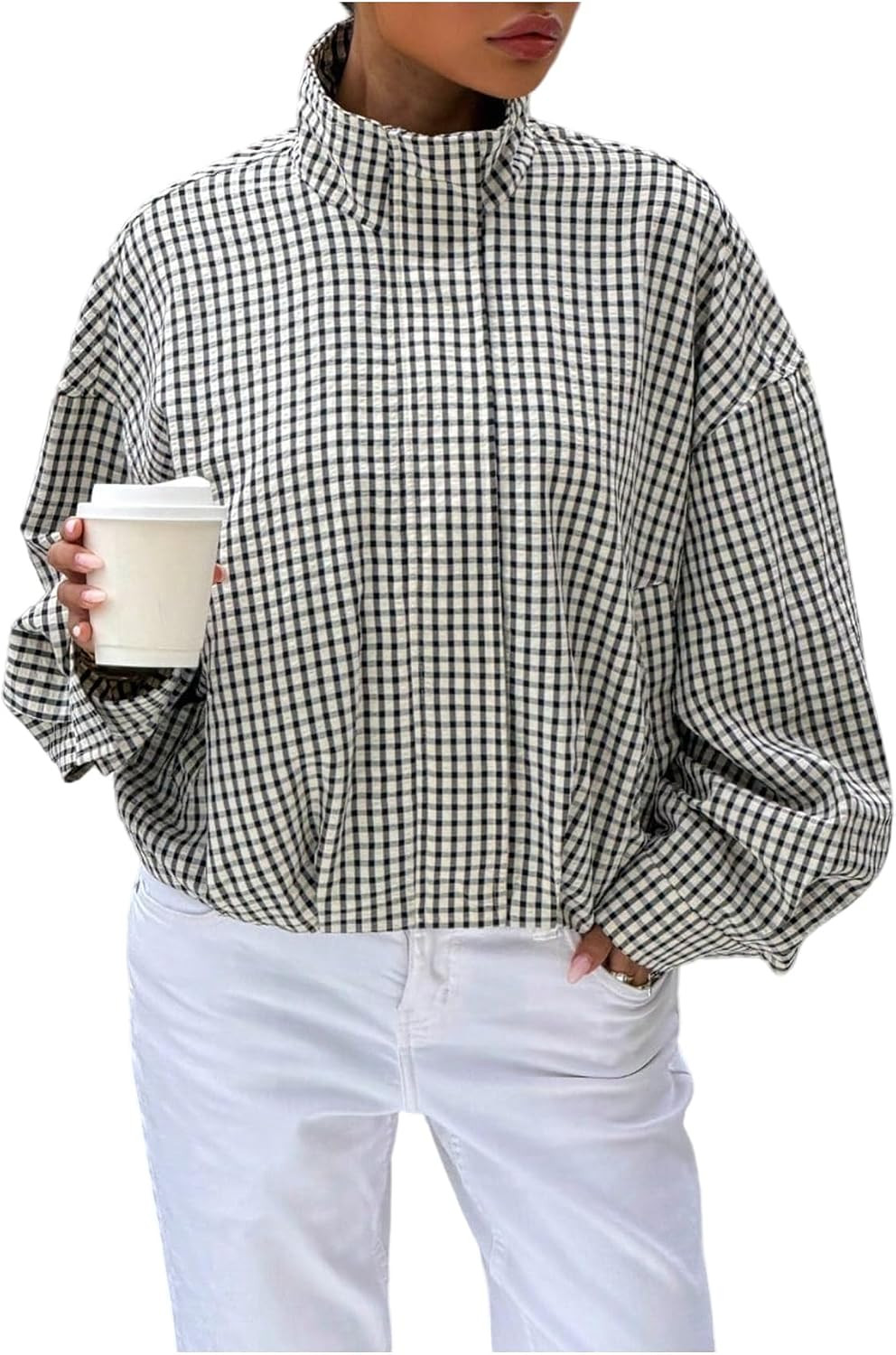 Women's Plaid Jacket Gingham Bomber Jacket with Pockets Fall Outfit | Amazon (US)