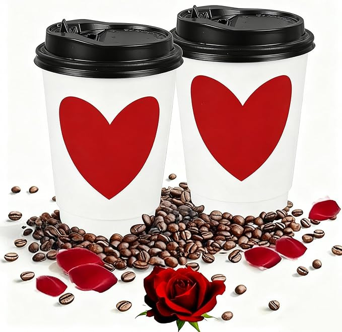 50 Sets Valentine's Day Coffee Paper Cups with Lids Disposable Cup Red Heart Double-Wall Drinking... | Amazon (US)
