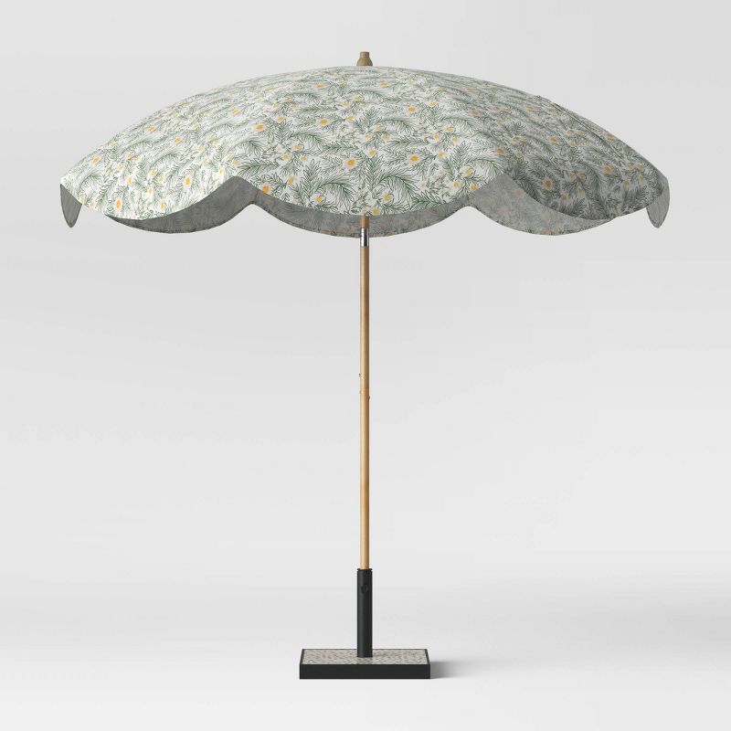 8.5' x 8.5' Round Scalloped Spring Floral Patio Umbrella DuraSeason Fabric™ Green - Light Wood ... | Target