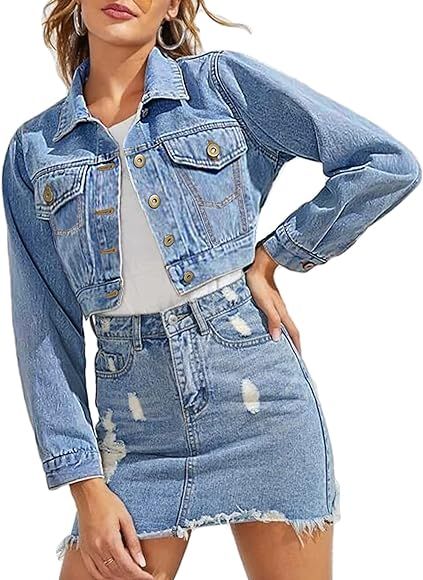 Grabsa Women's Button Down Long Sleeve Cropped Denim Jean Jacket with Pockets | Amazon (US)