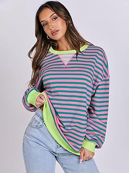 ANRABESS Women Striped Oversized Sweatshirt Long Sleeve Crewneck Hoodies Shirts 2024 Fall Pullove... | Amazon (US)