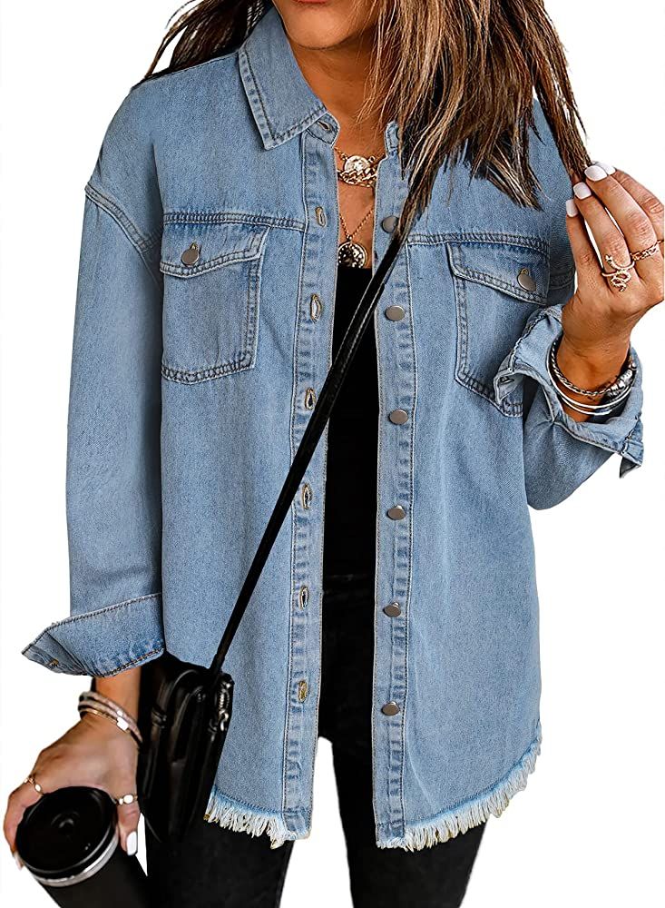 Women's Oversized Denim Jacket Casual Long Boyfriend Distresse Jean Jacket Autumn Spring | Amazon (US)