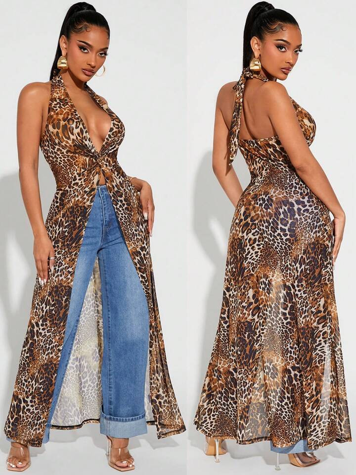 SHEIN SXY Plus Size Women's Spring&Summer Elegant Sexy Daily Basic Commute Flowy Animal Print Chiffon BOHO Holiday Extra Long Split Sexy Open Back Halter Leopard Print Top,Suitable For Everyday Wear | SHEIN