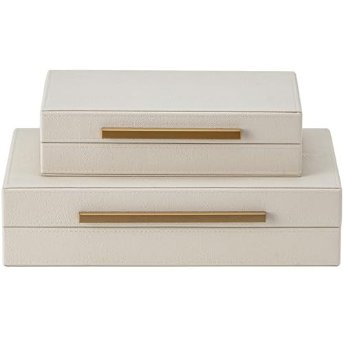 XIGEXIGE Faux Leather Large Modern Stackable Nesting Jewelry Box with Lids Organizer – Set of 2 Beige Shagreen Decorative Storage Boxes with Gold Metal Handles | Amazon (US)