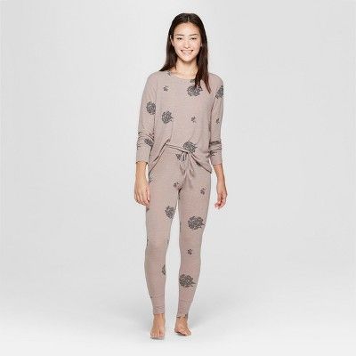 Women's Floral Print Cozy Pajama Set - Xhilaration™ Tan L | Target