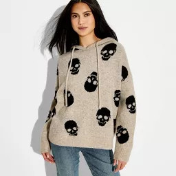 Women's Skulls Hooded Graphic Pullover Sweater - Beige XXS | Target