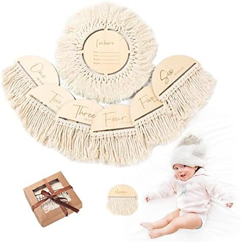 Promise Babe 7pcs Baby Monthly Milestone Cards with Tassels Double-Sided Wooden Baby Milestone Si... | Amazon (US)
