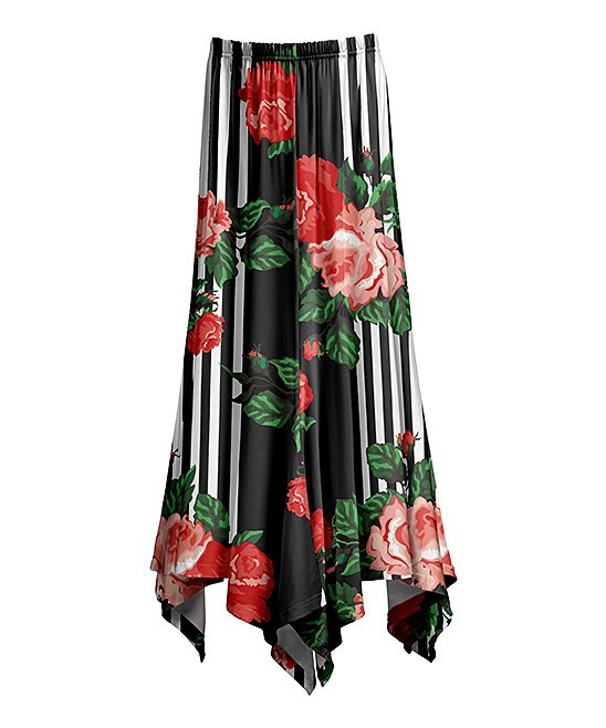 Black & Red Floral Stripe Handkerchief Maxi Skirt - Women | Zulily