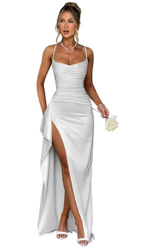 Woyiam Cowl Neck Bridesmaid Dresses Long for Women Silver Wedding Guest Dress with Straps Silk Satin Formal Evening Gown 14 | Amazon (US)