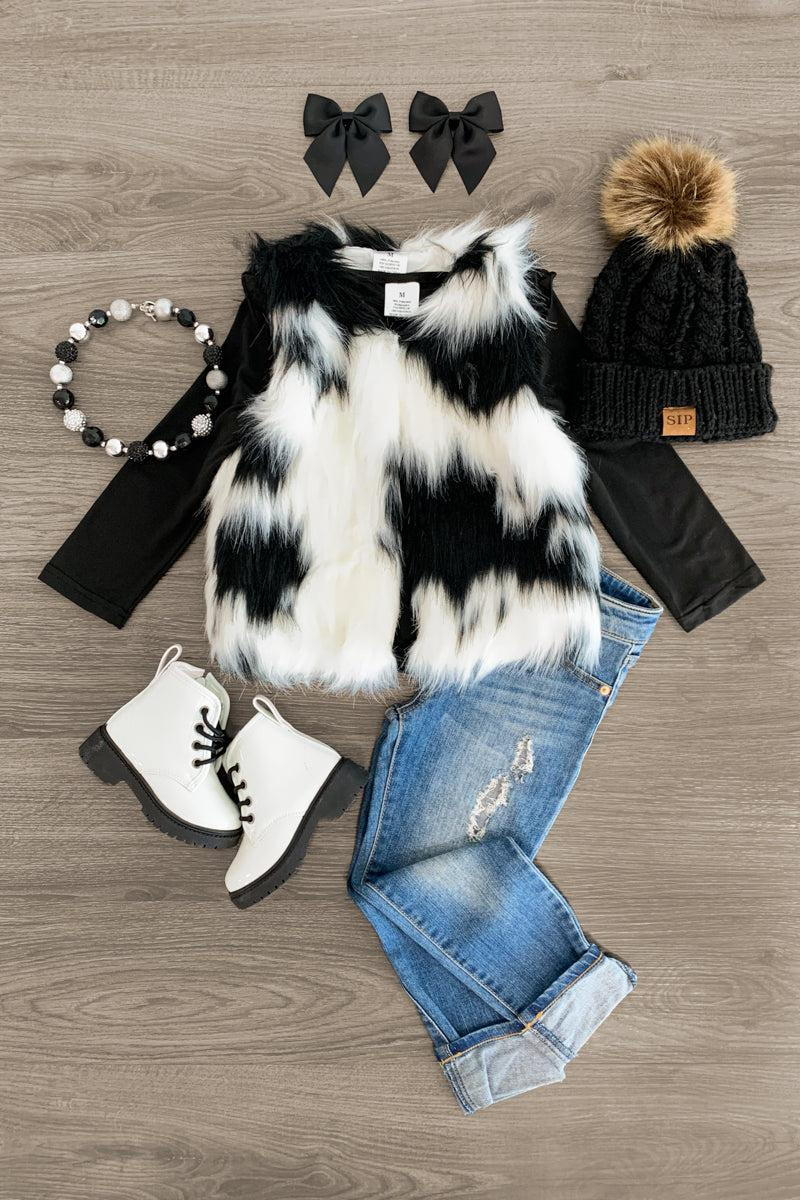 2 Piece - Black & White Fur Vest Set | Sparkle In Pink