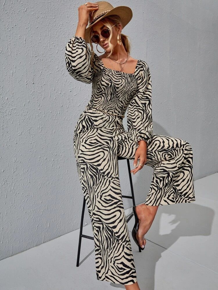 Zebra Stripe Shirred Blouse & Pants | SHEIN