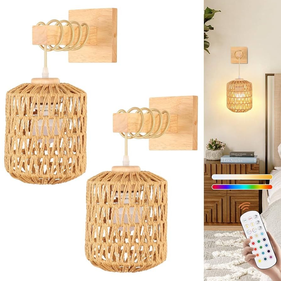Rattan Wall Sconce Battery Operated Set of 2,Rechargeable Wall Light with Remote Control,Farmhous... | Amazon (US)