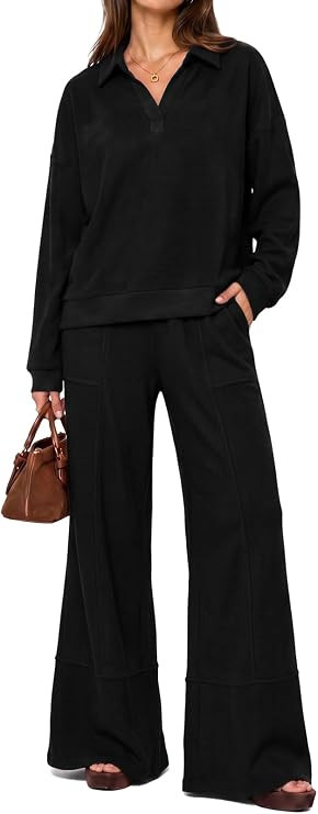 Fisoew Womens 2 Piece Sets Outfits V Neck Long Sleeve Top Wide Leg Pants | Amazon (US)
