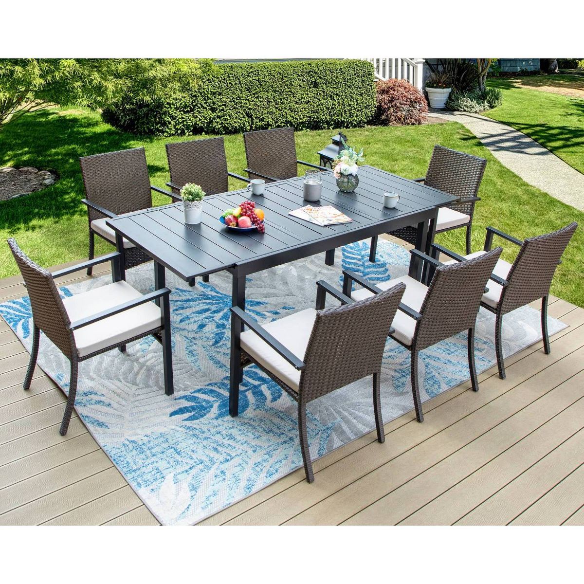 9pc Outdoor Dining Set with Extendable Table & Rattan Wicker Chairs - Beige - Captiva Designs | Target