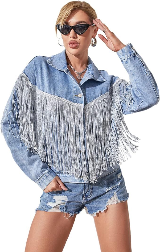 Women’s Crop Denim Jacket Tassel Casual Jean Coat With Fringe | Amazon (US)