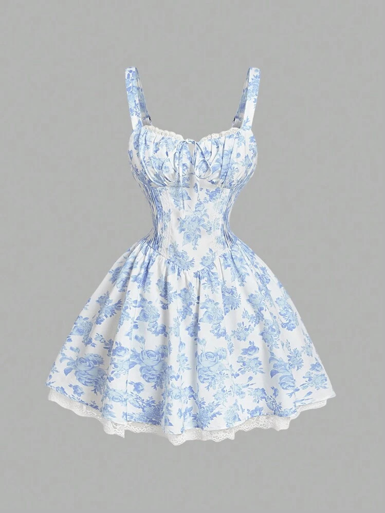SHEIN MOD Women's Blue & White Print Lace Trim Cami Strap Mini Dress With Criss-Cross Back, Spring Date Outfit,Valentine Day,Pastel Dresses For Women | SHEIN