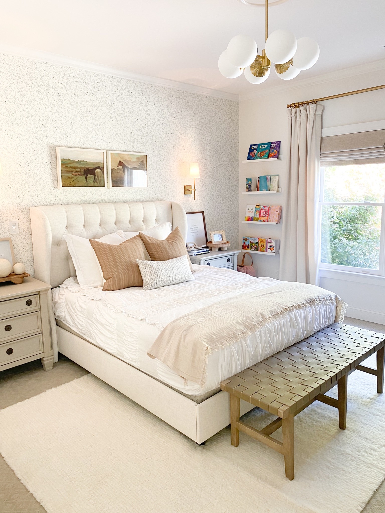 Girls bedroom, upholstered bed, brass sconces, floral wallpaper, modern classic girls room #wallpaper #girlsbedroom #bedroominspo #girlsroomdecor

#LTKhome #LTKstyletip #LTKfamily