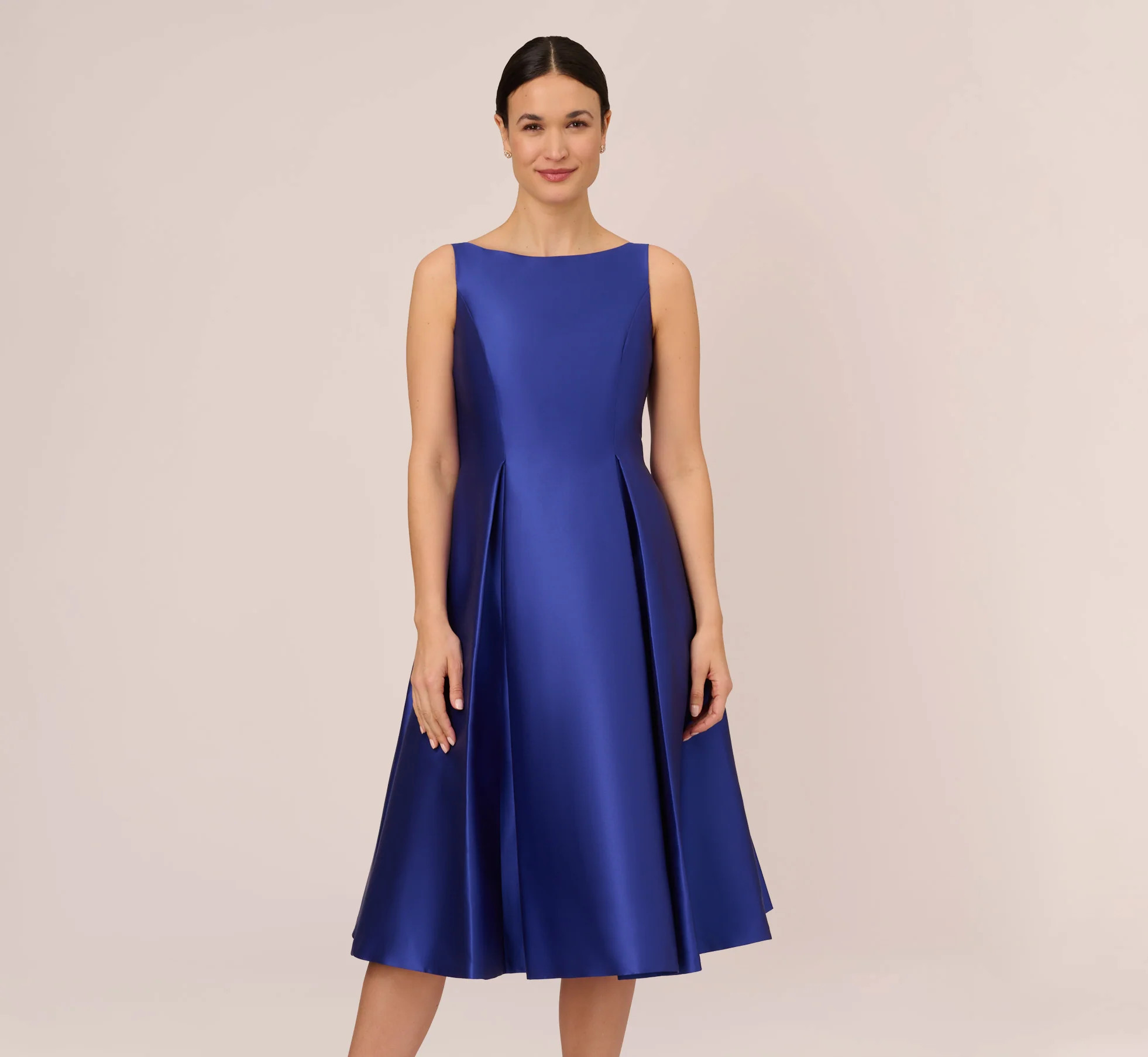 Sleeveless Mikado Fit And Flare Midi Dress With V-Back In Neptune | Adrianna Papell