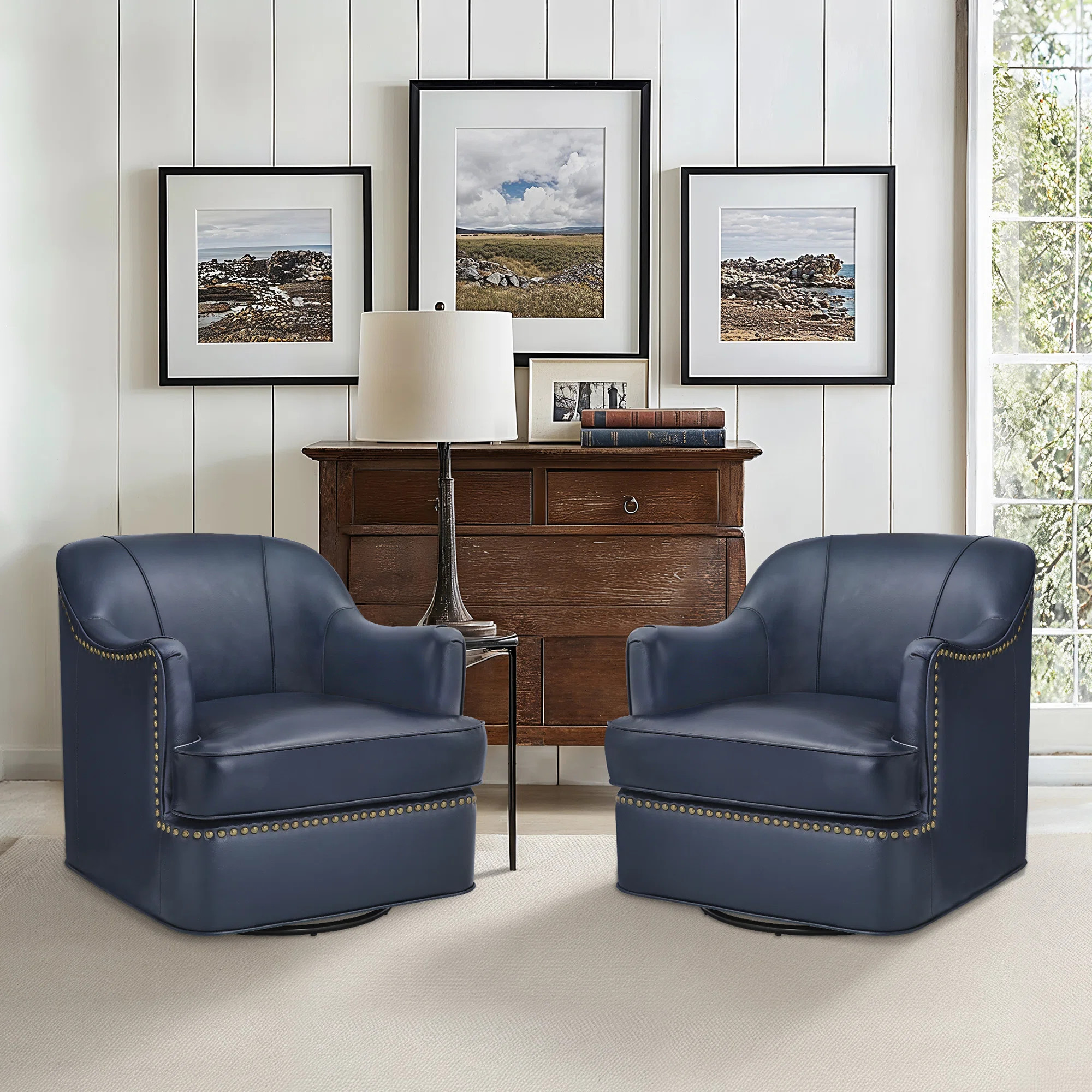 Genuine Leather Swivel Barrel Chair For Living Room,Bedroom (Set of 2) | Wayfair North America