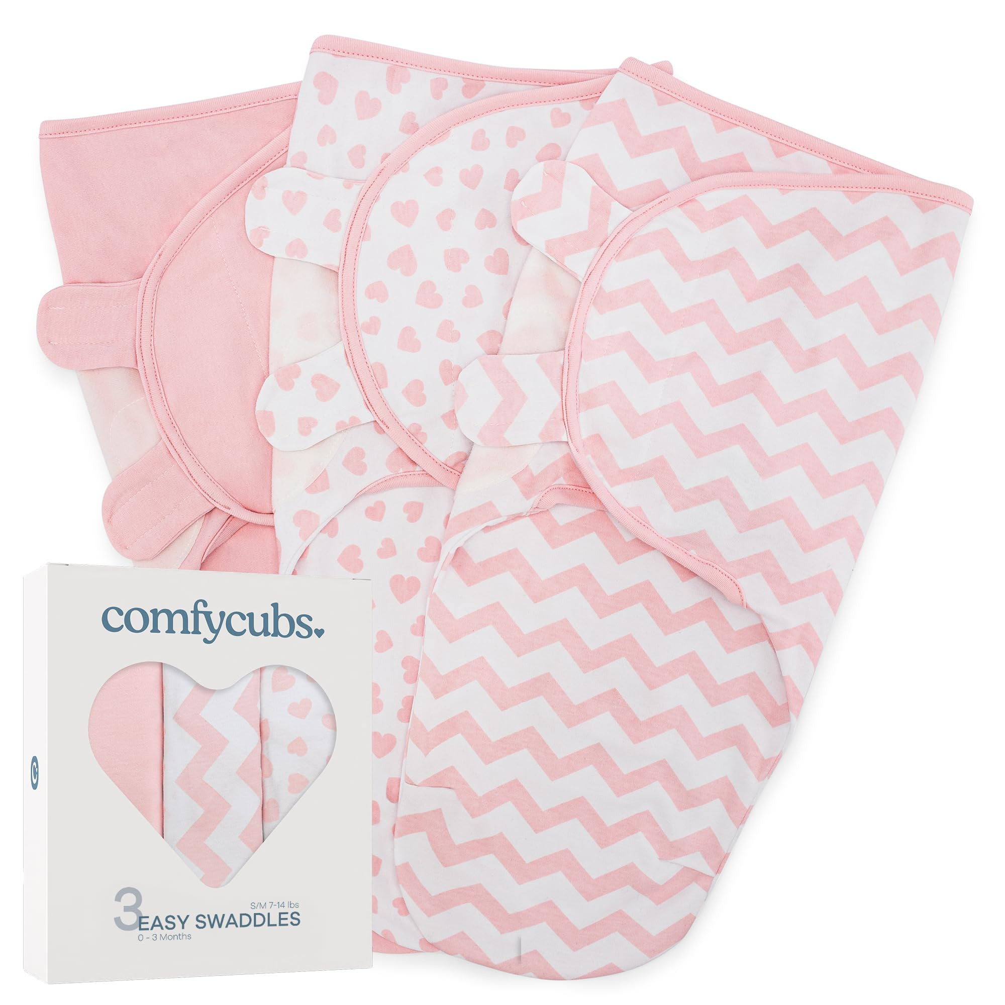 Comfy Cubs Easy Swaddle Blanket, 3 Pack - 100% Cotton Newborn Wrap, Small for 0-3 Months Infants, Breathable and Durable Sleep Sack for Babies - Pink | Amazon (US)