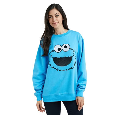 Sesame Street Big Face Cookie Monster Blue Crew Neck Long Sleeve Oversized Fleece Sweatshirt-Small | Target