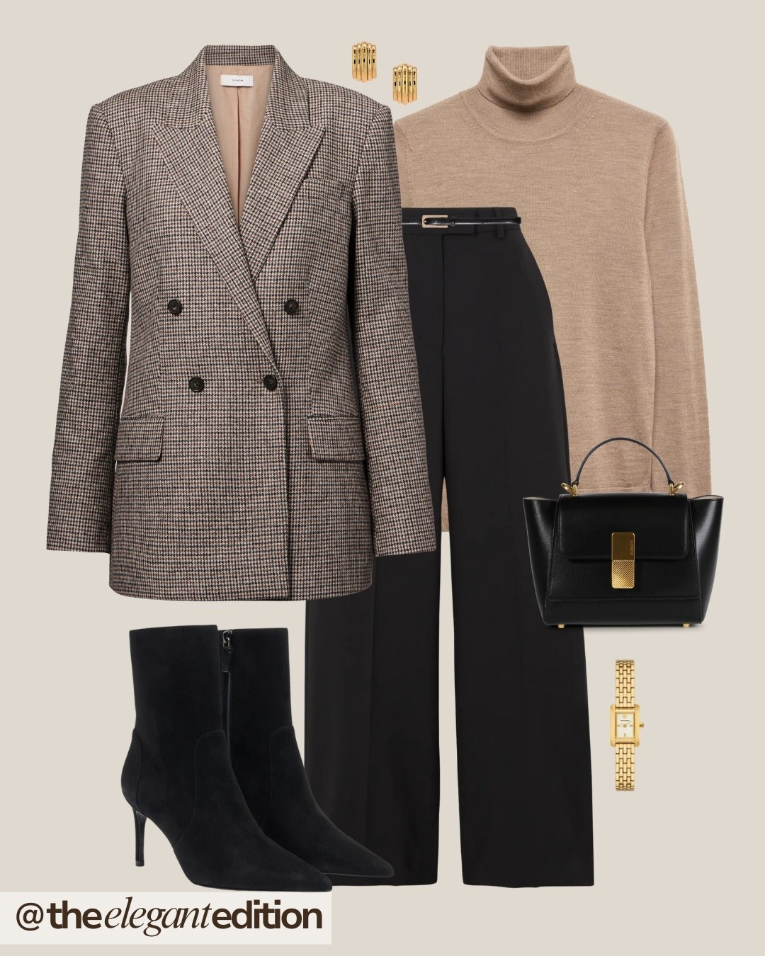 HOUNDSTOOTH BLAZER OFFICE ELEGANCE 🤎🖤
houndstooth checked blazer double breasted jacket camel turtleneck knit sweater beige black wide leg trousers pants tailored belt leather black ankle boots suede heeled pointed toe black leather handbag structured bag gold earrings vintage watch fashion autumn winter office outfit work wear elegant

#LTKeurope #LTKstyletip #LTKworkwear

#LTKworkwear #LTKstyletip #LTKwinter
