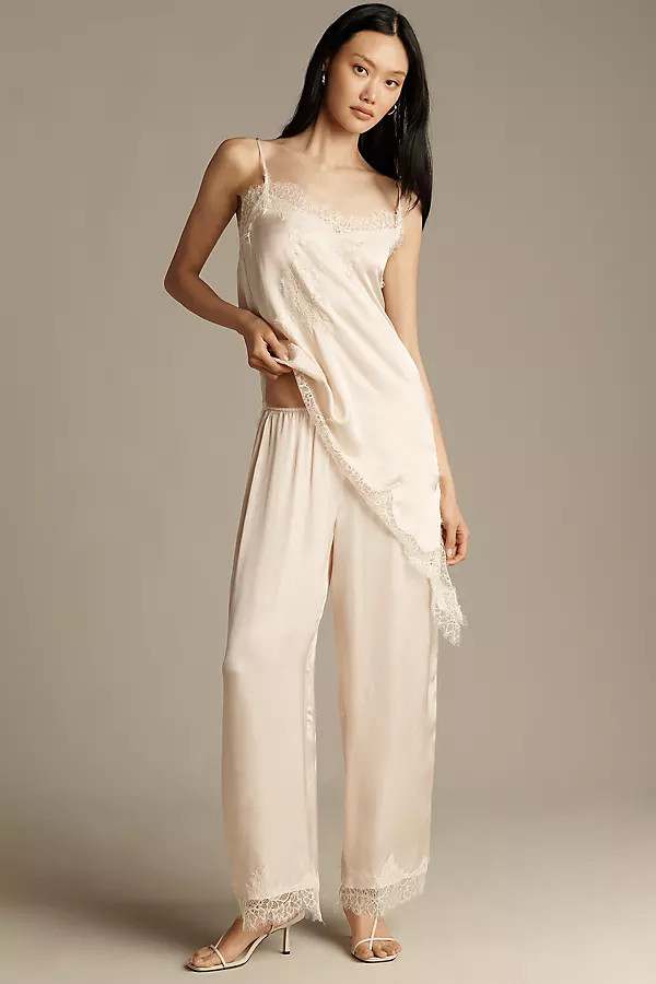 Satin Lace-Trim Wide-Leg Pants | Anthropologie (US)