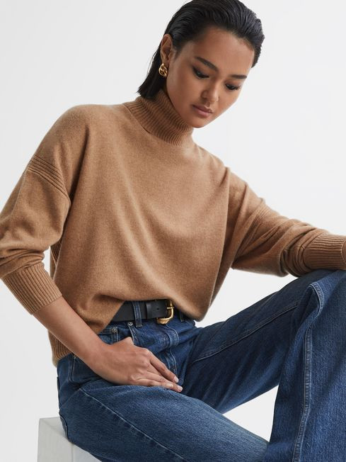 Knitted Roll Neck Jumper in Camel | Reiss UK