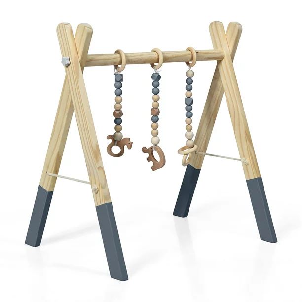 Costway Foldable Wooden Baby Gym with 3 Wooden Baby Teething Toys Hanging Bar Gray | Walmart (US)