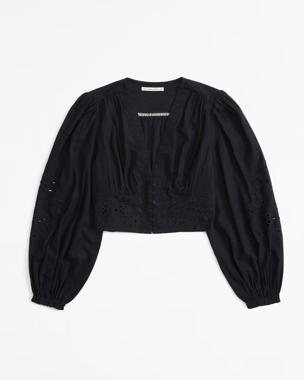 Long-Sleeve Linen-Blend Plunge Cutwork Top | Abercrombie & Fitch (US)