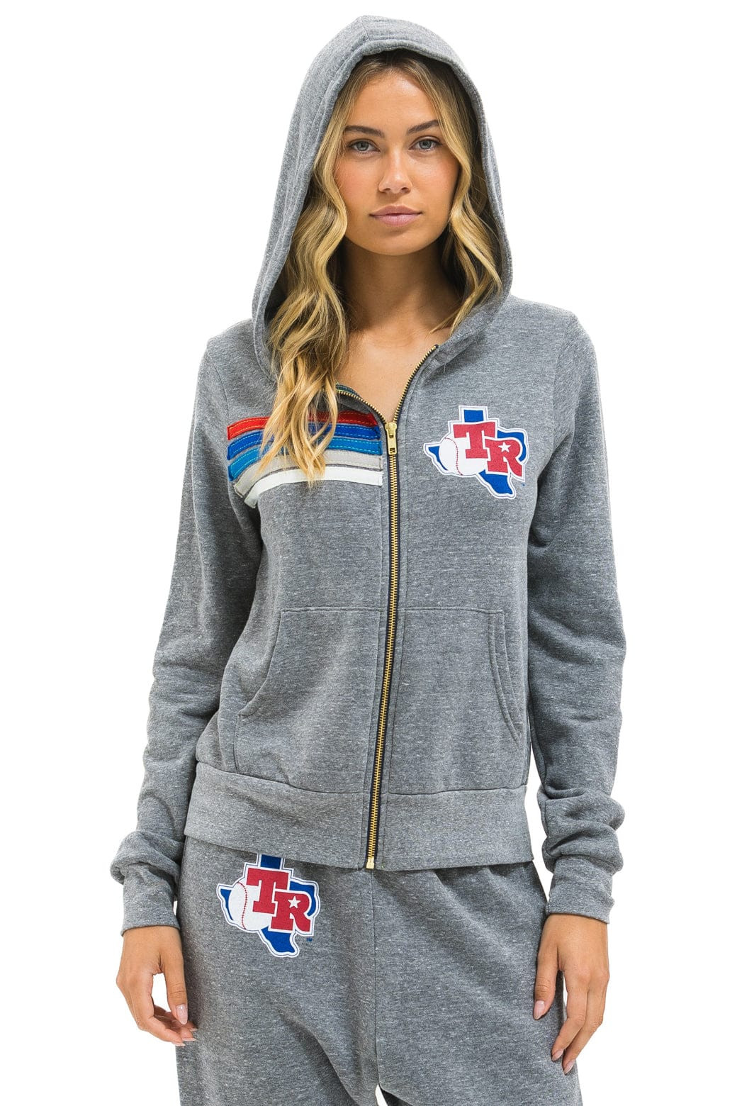 TEXAS RANGERS 5 STRIPE ZIP HOODIE - HEATHER GREY // USA | Aviator Nation