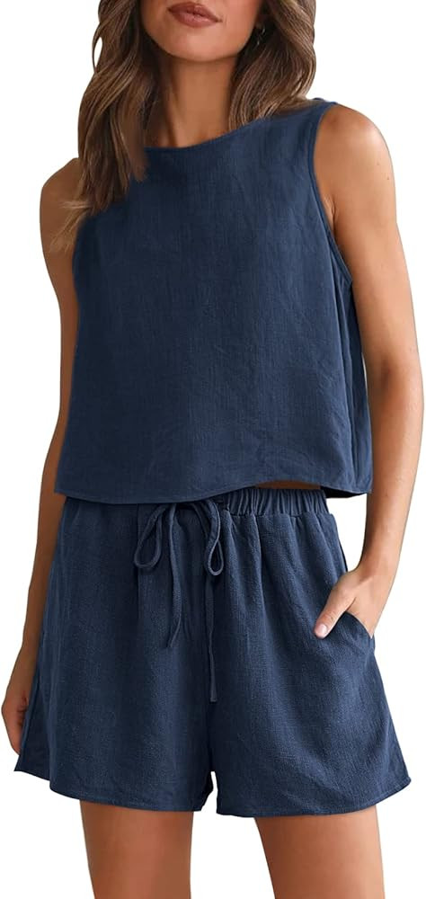 AUTOMET Women 2 Two Piece Outfits Lounge Matching Sets Linen Shorts Crop Tops 2023 Summer Fashion... | Amazon (US)