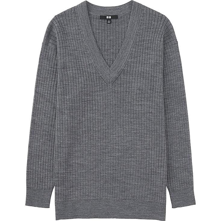 Women's Merino Blend Ribbed V-Neck Sweater - Size XS in Gray by UNIQLO | UNIQLO (US)
