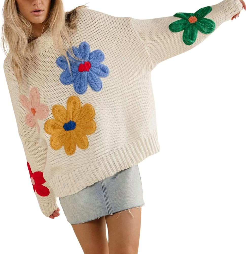 Women Floral Sweater Long Sleeve Round Neck Casual Lounge Colorful Flower Knit Pullover Top | Amazon (US)