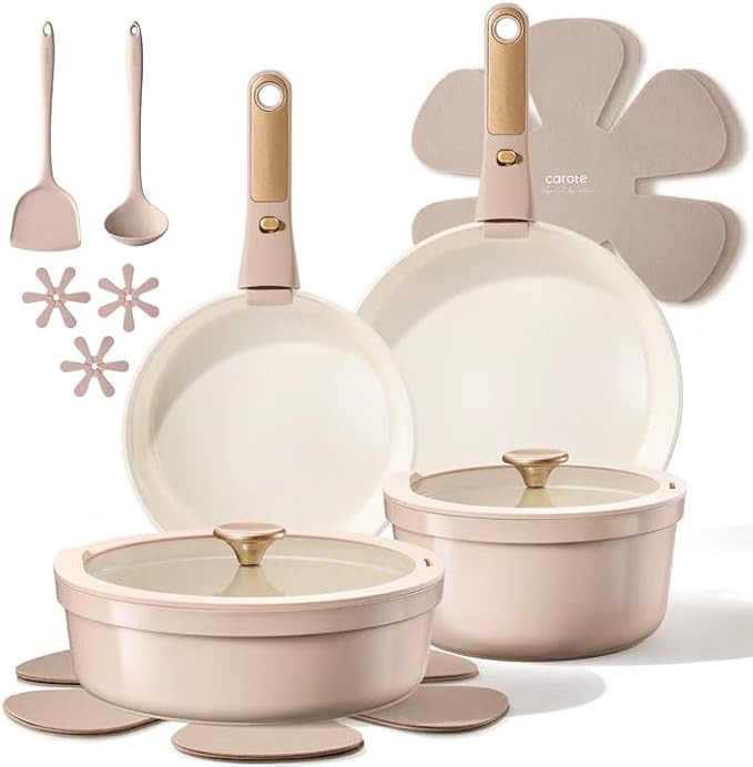 CAROTE 16 Pcs Ceramic Cookware Set Titanium Nonstick with Detachable Handles, Non Toxic Cookware,... | Amazon (US)
