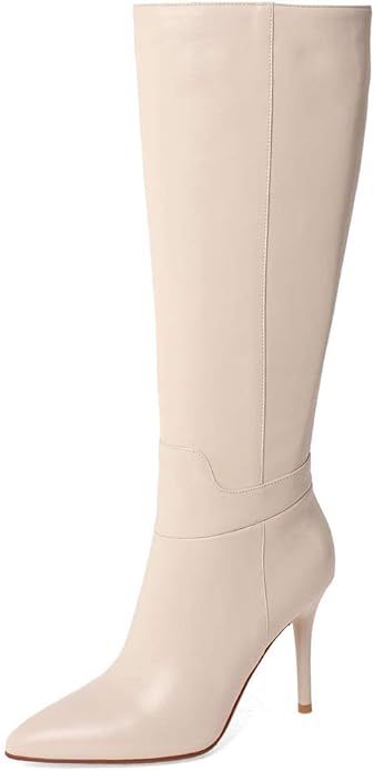 COLETER Women's Leather Knee High Boots Pointy Toe Side-Zip High Heels Dress Boots | Amazon (US)