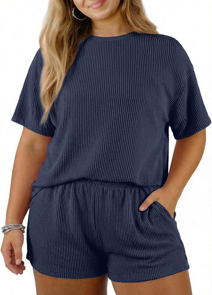 Eytino Plus Size Two Piece Sets for Women Short Sleeve Shirts High Waisted Shorts Pajamas Lounge ... | Amazon (US)