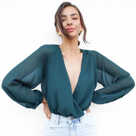 Women Bodysuit Chiffon Pure Color Plunge V Neckine Long Sleeve High Waist Elegant Party Wear | Walmart (US)