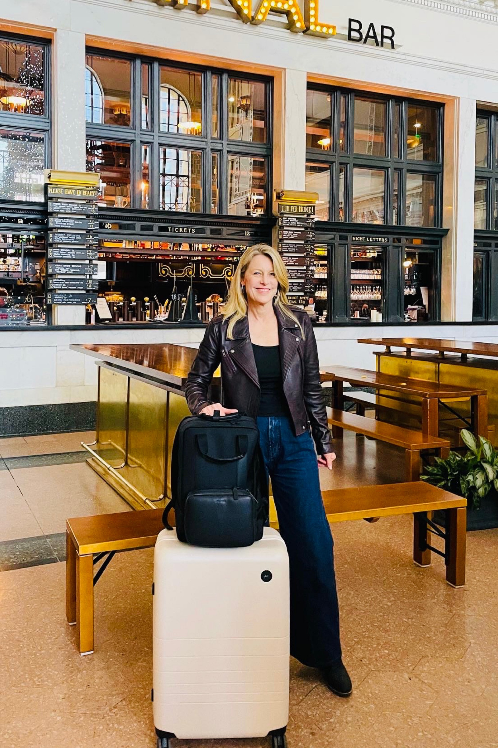 As a travel writer, I am often on the go. My favorite luggage brand is Monos.  I am pictured here with my check-in medium bag in taupe (but I recommend buying a darker color that won’t show scuffs) and the Metro backpack which slides on the luggage handle. This duo makes it easy to quickly navigate an airport, wit one hand free. 

Dark denim “trouser style” jeans are a favorite of mine. And great for fall travel because you can wear them casually or dress them up a bit. I am wearing Reformationnand linking their current similar pair. As well as a Quince pair at great price! 

Bon voyage! Please share in comments if you have travel plans for fall 2025! 🍂
#LTKHoliday 

#LTKStyleTip #LTKOver40 #LTKTravel