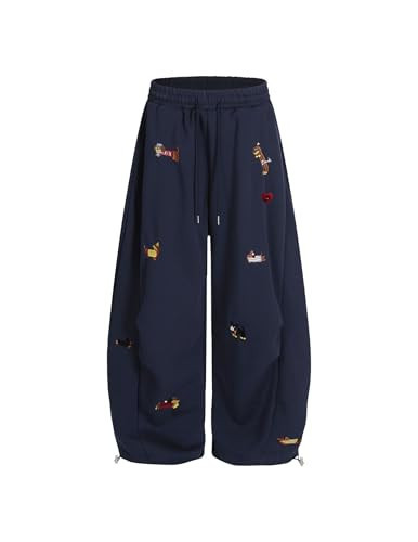 Aelfric Eden Embroidery Puppy Baggy Barrel Sweatpants Casual Y2K Elastic Drawstring Unisex Wide Leg Pants Lantern Trouser Dark Blue XS | Amazon (US)