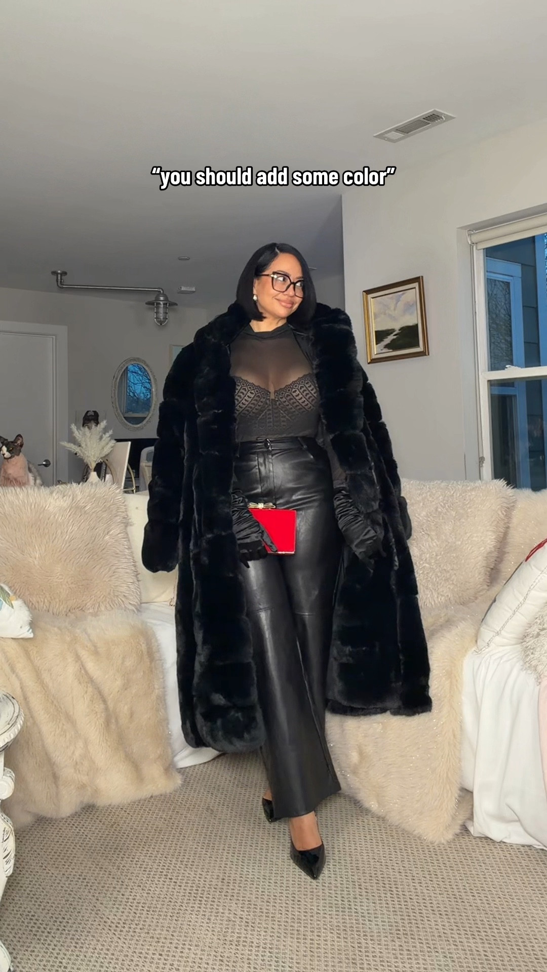All black with a pop of color for a cute winter date outfit ♠️

winter outfit 
faux fur coat 
mesh bodysuit 
leather pants 

#LTKootd #LTKOver40 #LTKPetite