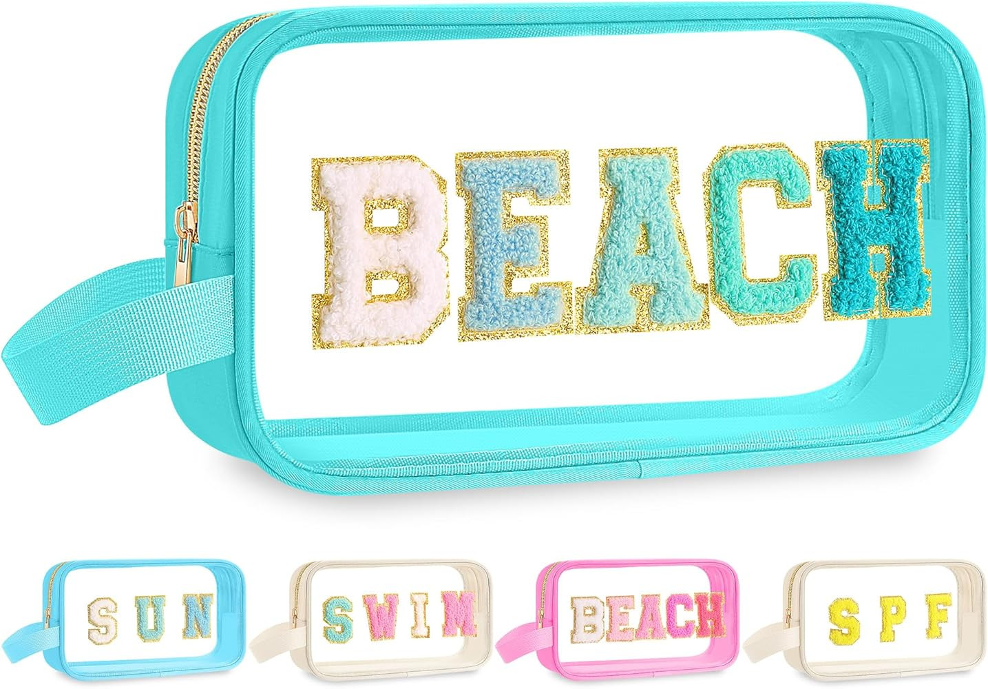Kacctyen Clear Beach Pouch Bag Waterproof Swim Spf Makeup Sunscreen Bag Chenille Letter Cosmetics Nylon Beach Toiletry Travel Pouch for Women | Amazon (US)