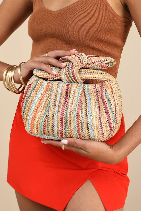 Essential Style Beige Multi Striped Woven Knot Handle Clutch | Lulus