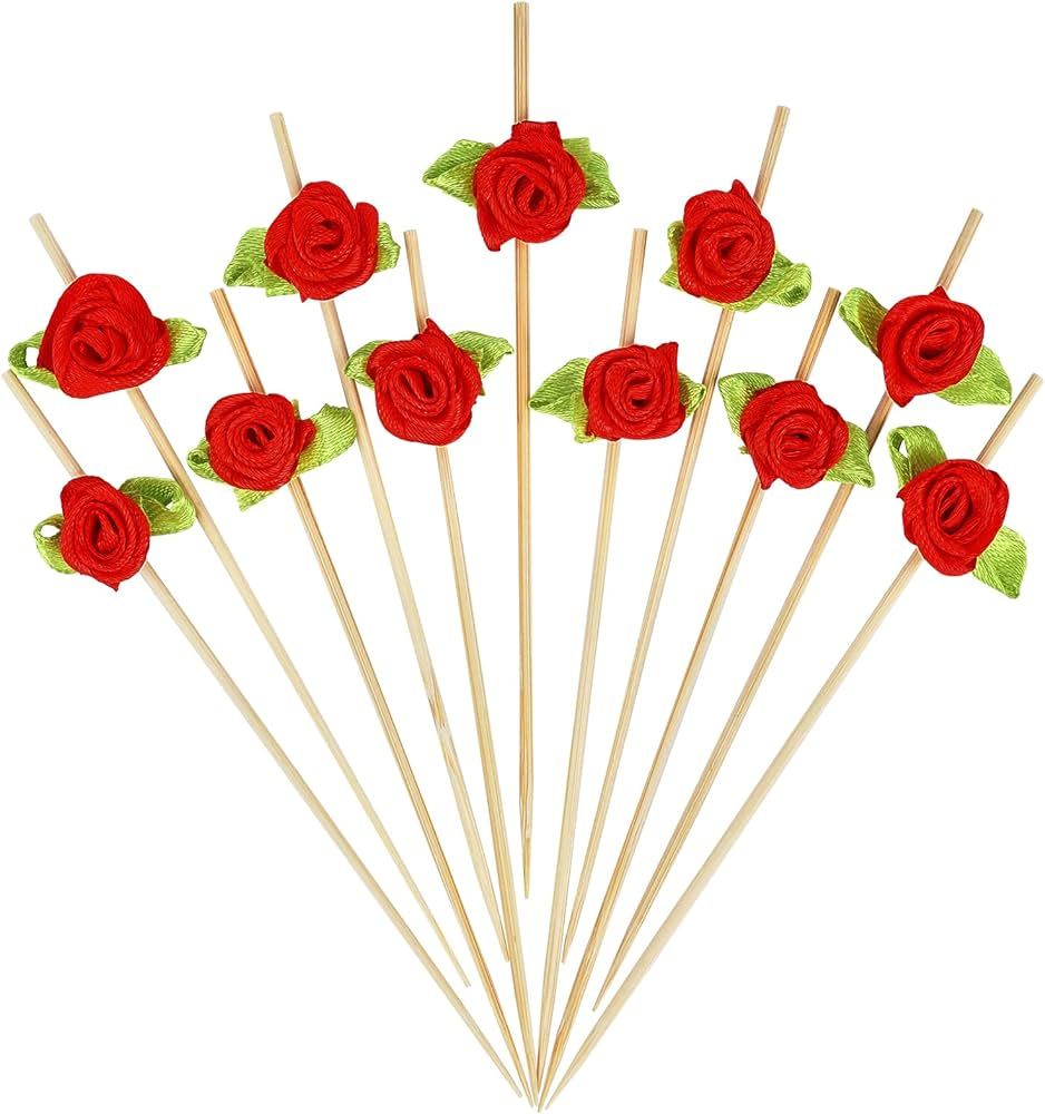Red Rose Flower Fancy Toothpicks for Appetizers 4.7 Inch Long Bamboo Cocktail Picks Bridal Shower... | Amazon (US)