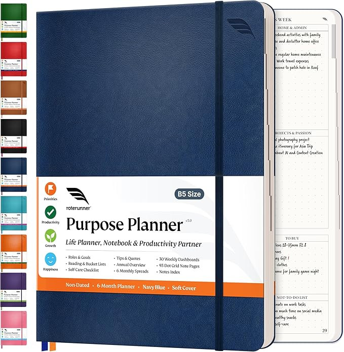Roterunner Purpose Planner Notebook B5 7.5”x9.8” Undated Planner 2025 Daily Weekly and Monthl... | Amazon (US)