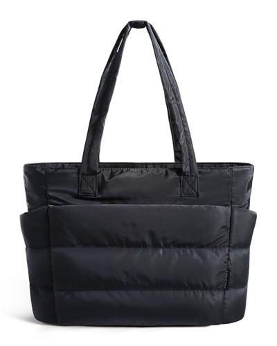 BAGSMART Tote Bag for Women, Lightweight Puffy Tote Bag with Compartments Shoulder Bag Handbag for Travel, Work, Gym (Dark Black, Small Size) | Amazon (US)