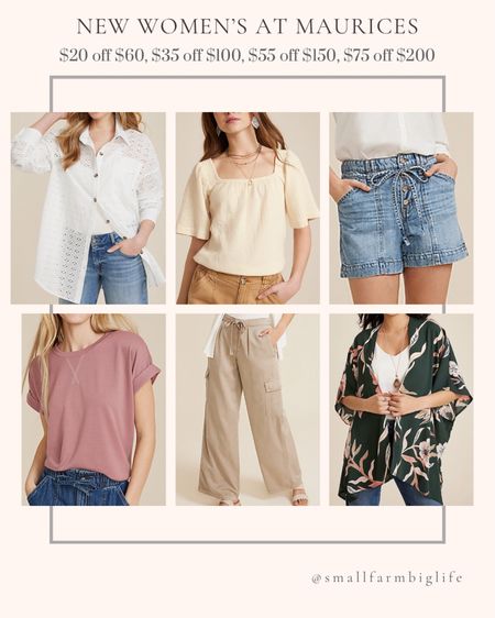 New women’s at Maurices. Sale May 13-16!! Summer outfit. Date night outfit. Short sleeve tshirt. Green floral kimono. Double cloth bell sleeve blouse. Soft cargo high rise wide leg pant. High rise 5-inch denim shorts. Jean shorts. White eyelet shacket  

#LTKFindsUnder50 #LTKOver40 #LTKSaleAlert