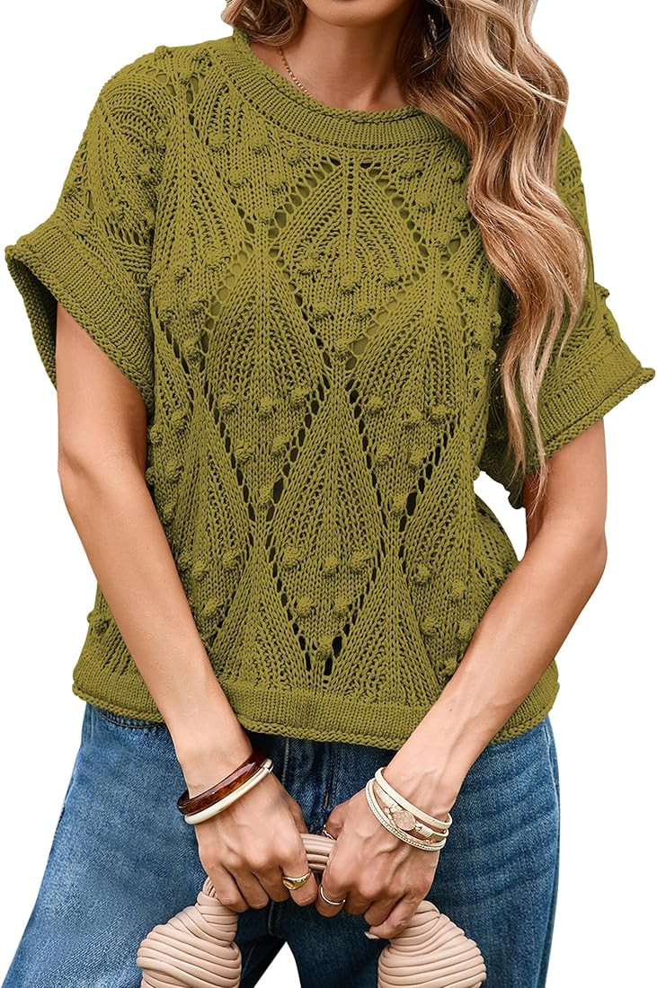 Cakulo Womens Summer Short Sleeve Crochet Sweater Tops 2025 Hollow Out Cropped Knit Boho Top Casual Blouses | Amazon (US)